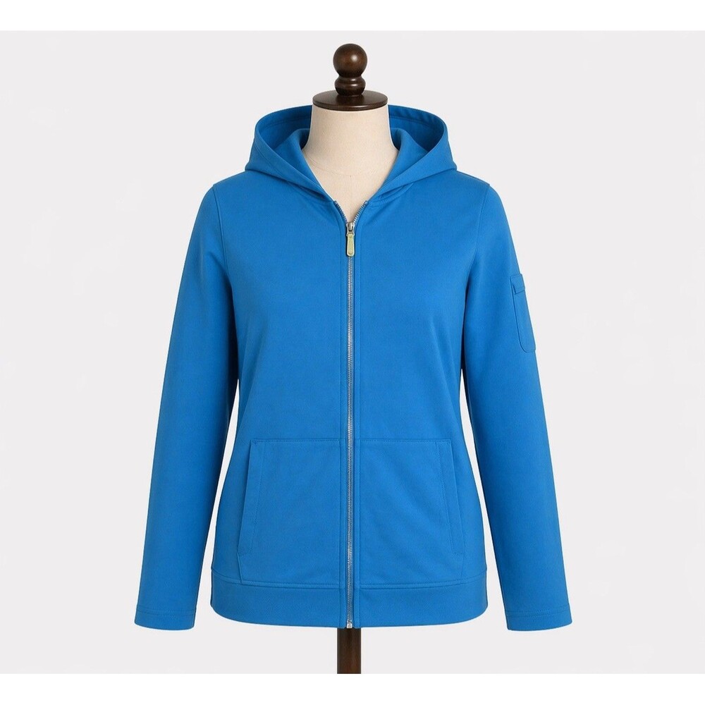 Chico’s Zenergy Womens Sz 2 Large Blue Pima Cotton Full Zip Hooded Jacket Hoodie